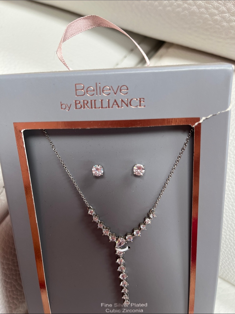 Silver-Plated Cubic Zirconia Y-Drop Necklace and Earring Set - Picture 3 of 4